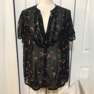 Torrid Sheer Ruffle Short Sleeve Celestial Moon and Stars Witchy Black Shirt